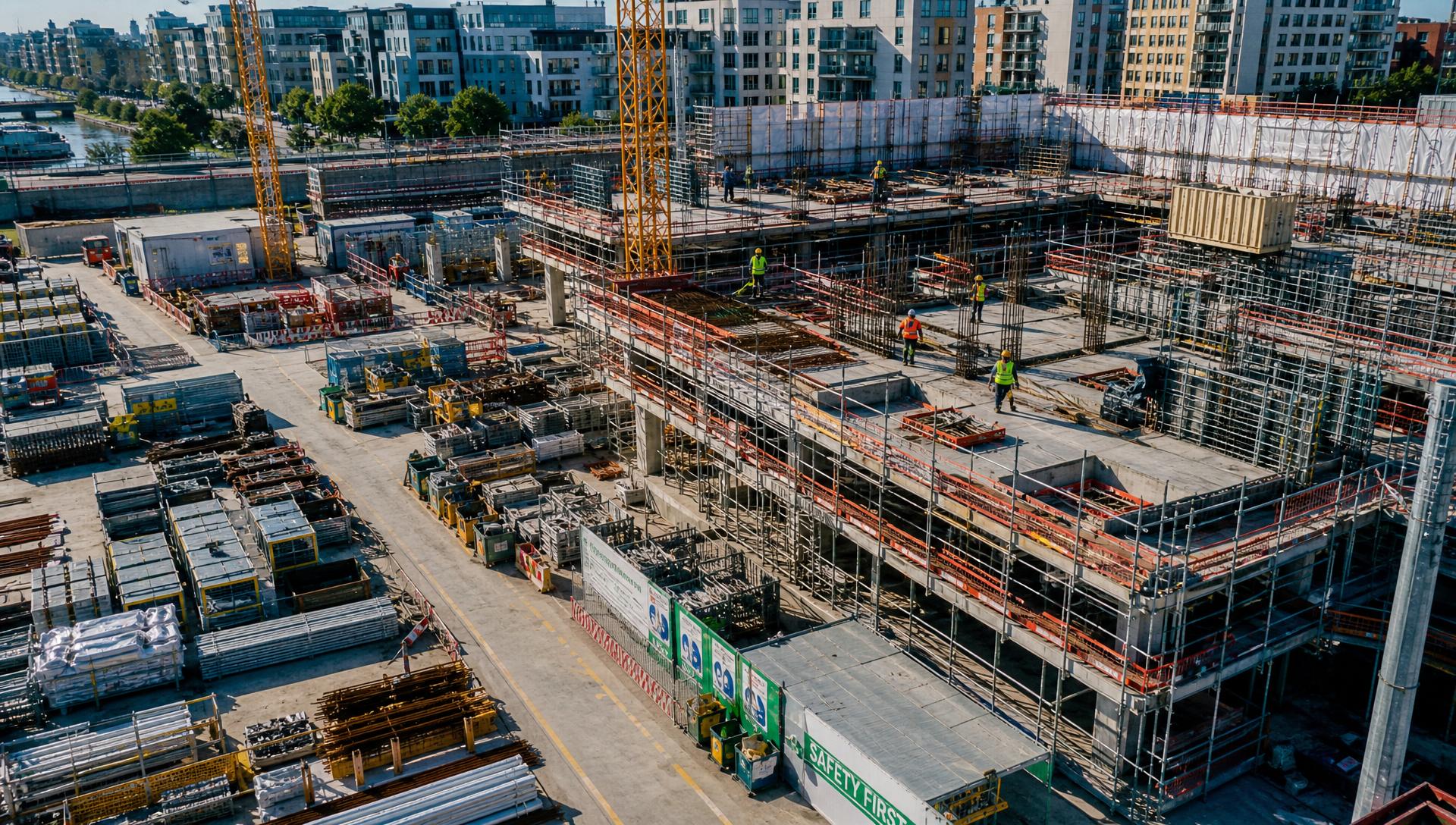 Cantiere edile organizzato e sicuro ripreso dall'alto con drone